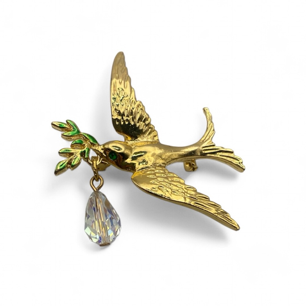 Vintage Gold Tone and Green Enamel Bird Brooch with Crystal Dangle